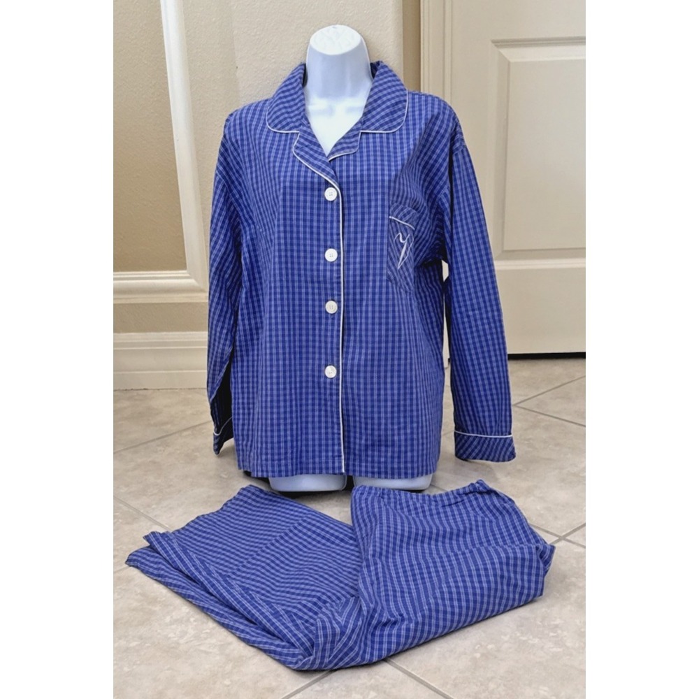 VTG Victoria's Secret Pajama Set Blue Plaid Sz L Long‎ Sleeve Y2K 1999 Monogram
